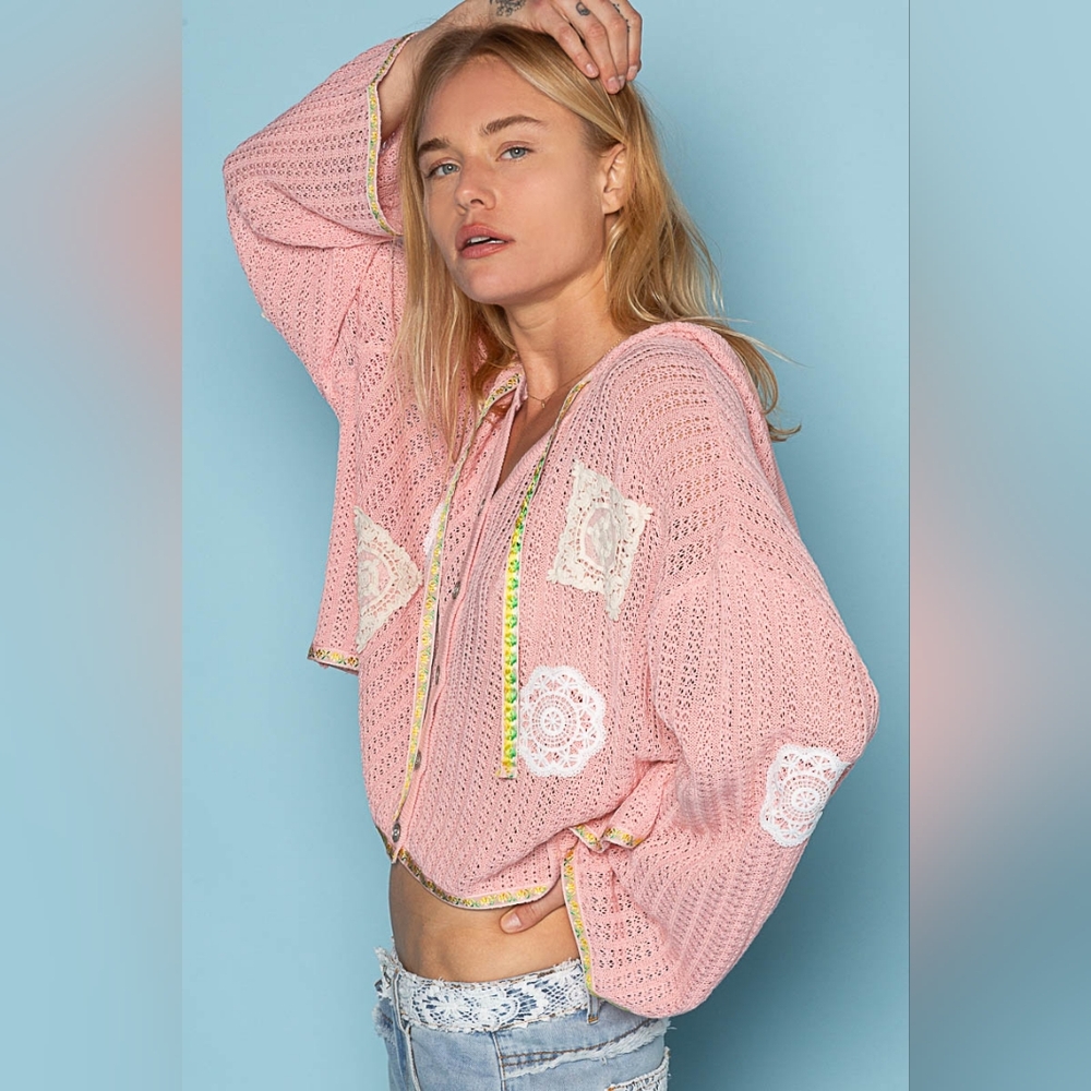 POL oversized pink doily lace crochet knit ribbon hoodie cardigan - Picture 3 of 5